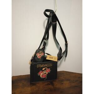 Steve Madden NWT Black Crossbody Satchel w/ coin pouch Snake Flowers
